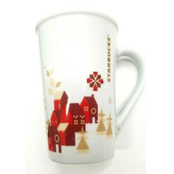 Starbucks Coffee Mug Cup Christmas Holiday 12oz Red Gold House Scene Xmas Winter - Picture 1 of 6